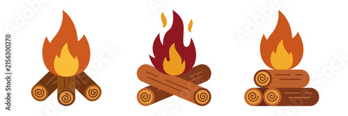 Set of three stylized campfire illustrations with burning logs for autumn season.