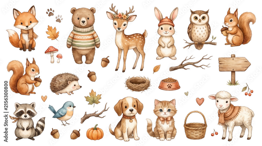 Fototapeta premium World Animal Day Watercolor Clipart Collection with Cute Woodland Animals, Pets and Nature Elements