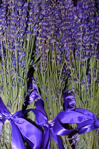 Bunches of dried lavender tied with purple ribbon