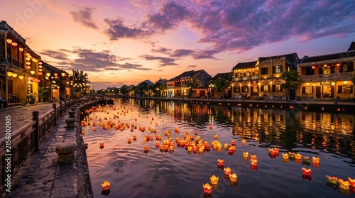 Traditional paper lanterns floating on the Thu Bon River in Hoi An ancient town during sunset with glowing reflections and historical yellow buildings under a colorful sky.