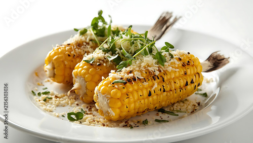 Delicious Grilled Corn on the Cob with Parmesan and Herbs, Served on a White Plate, Close-up Shot