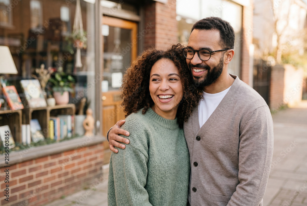 Fototapeta premium Happy young couple smiling and embracing outside a brick storefront on a city street