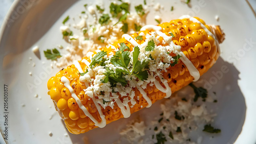Grilled Corn on the Cob with Cheese and Parsley Drizzle, Delicious Summer Street Food Close-Up