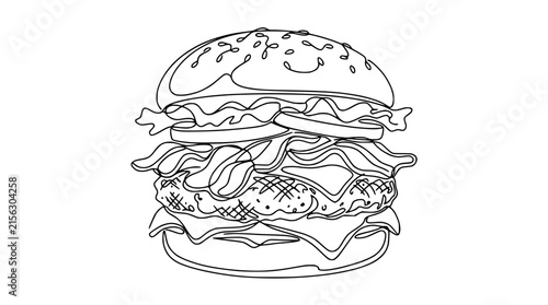 One Line Drawing of a Delicious Burger with Bacon and Cheese, Isolated