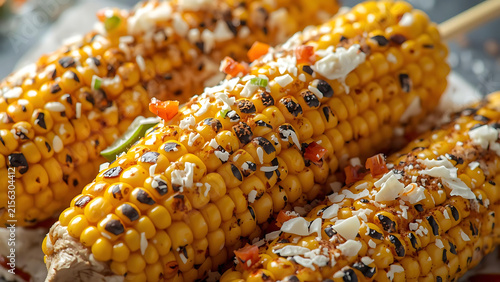 Grilled Corn on the Cob with Spices and Cheese - Delicious Street Food Snack Close-up