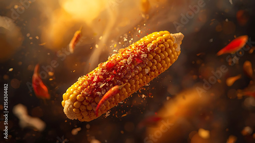 Spicy Corn Cob with Chili Powder and Peppers Falling in Dramatic Lighting