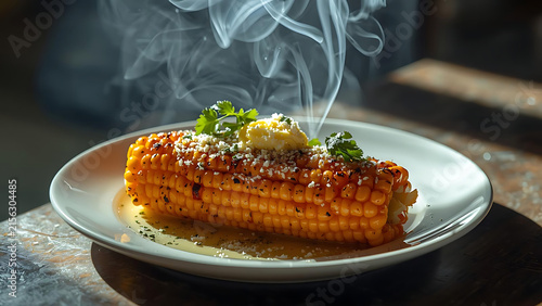 Steaming Hot Grilled Corn on the Cob with Butter and Herbs, Delicious Summer Snack