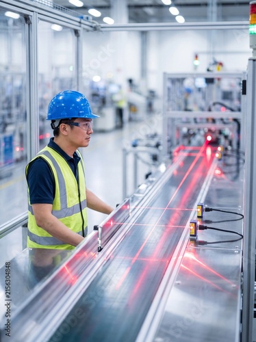Industrial Engineer Monitoring AI Red Laser Sensors on Factory Conveyor Belt