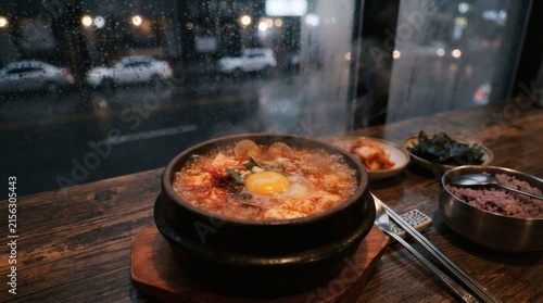 Rainy Window Background Foreground Steaming Bowl Korean Sundubu Jjigae Egg Cracked Red Broth Bubbling

