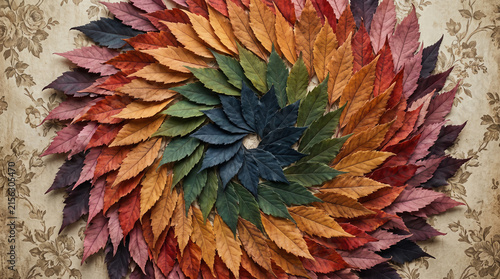 Artistic spiral arrangement of colorful autumn leaves on vintage cloth