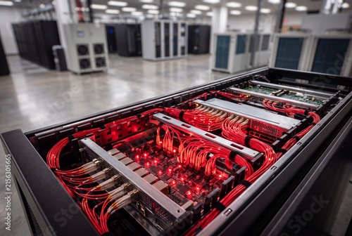 High Performance AI Server Rack with Glowing Red Cables in Data Center