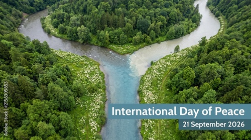 Confluence of two rivers flowing through a lush green forest, representing