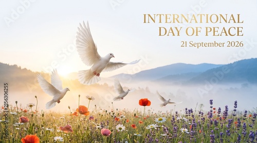 International day of peace doves flying over wildflower meadow at sunrise