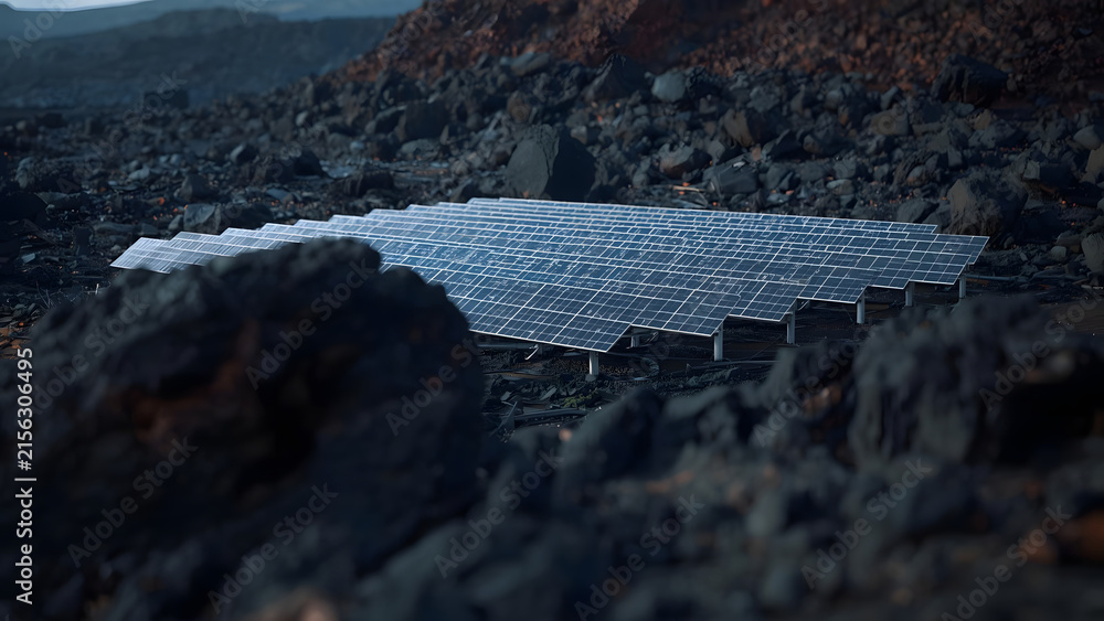 © ODHIAZHAR - Modern Solar Panel Array in Barren Volcanic Landscape for Sustainable Energy