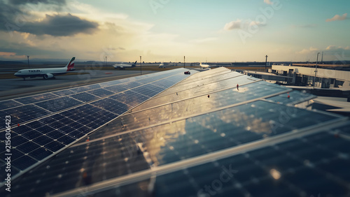 Modern Airport Solar Panel Array at Sunset with Airplanes on Tarmac