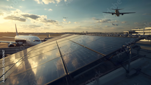 Modern Airport with Solar Panels and Airplanes Landing at Sunset - Sustainable Aviation Energy Concept