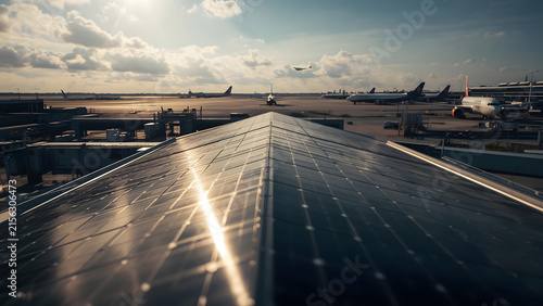 Modern Airport Terminal Rooftop with Solar Panels Reflecting Sunlight, Airplanes on Tarmac Below