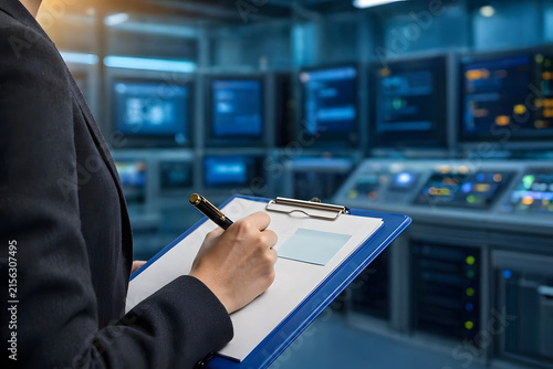 A person in a suit holds a clipboard and pen in front of multiple computer monitors displaying data. The scene appears to be a control room or data center.