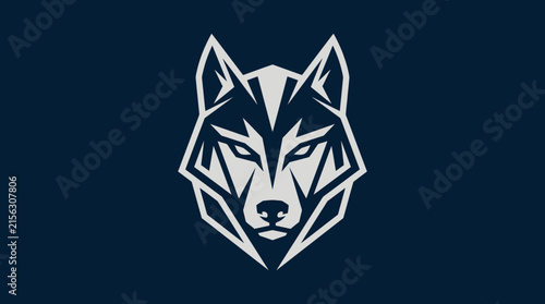 Geometric wolf head logo on dark background background.