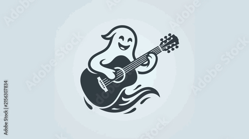 Ghost character playing guitar whimsical music logo.