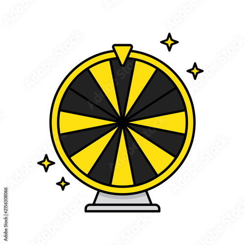 Yellow and black wheel of fortune on a stand with sparkling stars