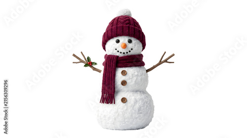 Konstfotografi Cute snowman wearing a maroon knit hat and scarf with twig arms and holly captur