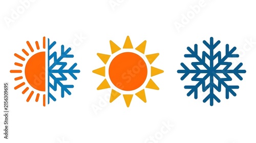 Sun and snowflake icons representing hot and cold weather climate conditions for seasonal temperature contrast design