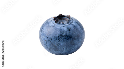 Single blueberry shown from the side with its dusty frosted skin and dark calyx as an isolated PNG with transparent background