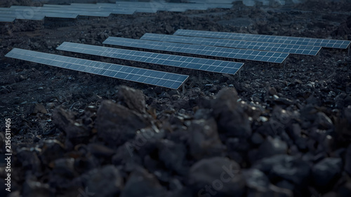 Renewable Energy Farm: Solar Panels Arrayed on Rocky, Barren Terrain Under Dim Sky