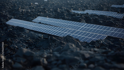 Renewable energy solar panels installed on rocky terrain, generating clean electricity from sunlight.