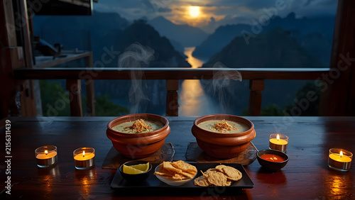 Romantic Dinner: Steaming Soup Bowls with Appetizers and Candles on Table, Stunning Mountain Landscape at Sunset