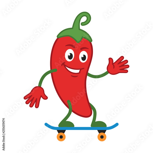 Cartoon chili pepper character skateboarding with a cheerful expression  