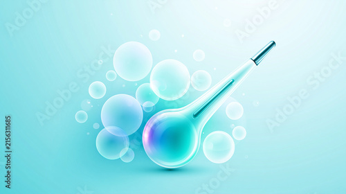 A stylized dropper releasing iridescent liquid droplets surrounded by translucent bubbles on a soft blue background.