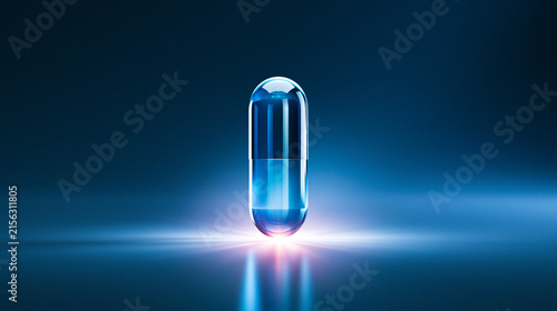 A glowing blue capsule pill levitates above a reflective surface against a dark blue gradient background, symbolizing advanced medicine or futuristic healthcare.