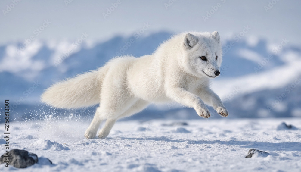 Obraz premium A swift arctic fox captured mid-leap, displaying its pure white winter coat and agile movements, a classic hunter of the frozen tundra.