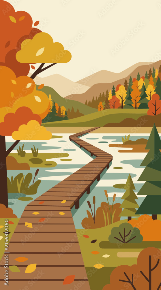 Fototapeta premium Autumn Landscape Illustration Wooden Boardwalk Path over Tranquil Lake
