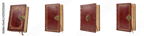 Antique leather spellbook with ornate clasp isolated