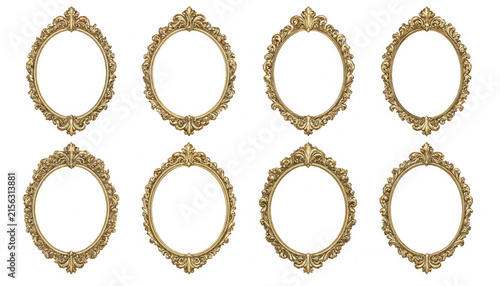 Set of decorative vintage oval gold frame, golden photo frame background.