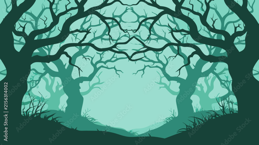 Fototapeta premium Mysterious dark forest landscape with gnarled tree silhouettes forming a symmetrical frame in teal and green colors for fantasy and spooky nature themes woodland vegetation perspective environment
