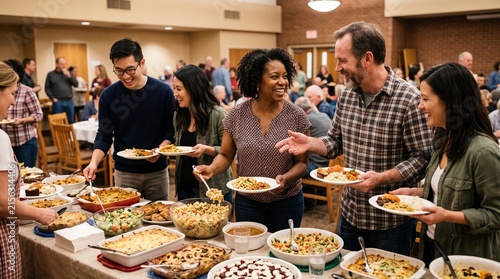 Diverse group of people enjoying a communal meal at a buffet with a variety of dishes