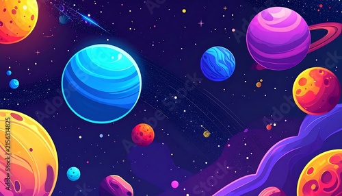 Colorful planets and stars in outer space scene.