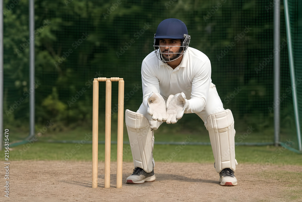 Obraz premium Wicketkeeper Crouching Behind Stumps