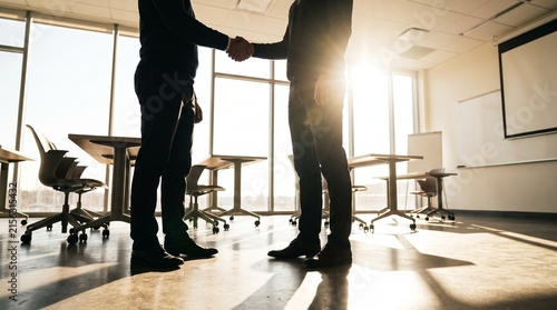 Silhouette of two businessmen shaking hands in office