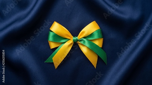 Yellow and Green Ribbon Bow on Dark Blue Silk Fabric