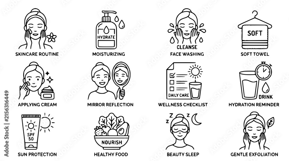 Fototapeta premium Skincare Routine Icons Set: Applying Cream, Sun Protection, Hydration, Beauty