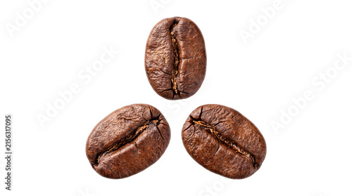 Canvastavla Three roasted coffee beans arranged in a png isolated on transparent background