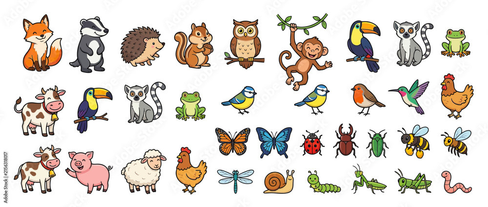 Obraz premium Cute Cartoon Woodland and Farm Animals Collection