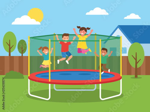Kids Jumping on a Backyard Trampoline