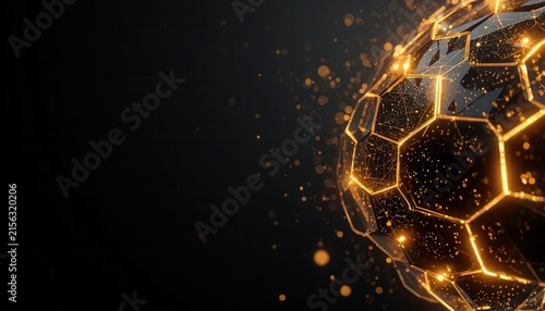 Abstract Geometric Energy Sphere: A glowing, multifaceted sphere composed of interconnected geometric shapes pulsates with internal light, symbolizing energy, technology, and innovation on a dark.