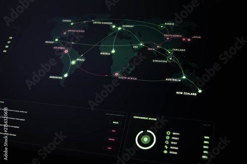 Global cybersecurity dashboard visualizes cyber threats, network attacks and security monitoring across a digital world map, representing threat intelligence, cyber defense and response operations.